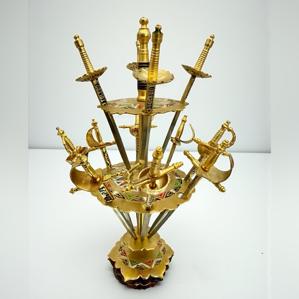 Vintage Toledo Spain Miniature Sword Cocktail Picks Stand 13pc Appetizer Skewers